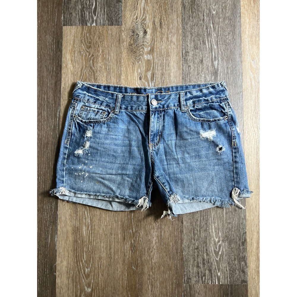 Wet Seal‎ Denim Shorts Womens 13/14 Blue Distressed Low Rise Raw Hem Splatter